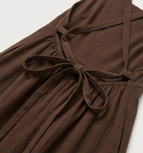 Elegant Tie-Back Cotton Linen Maxi Dress – Espresso