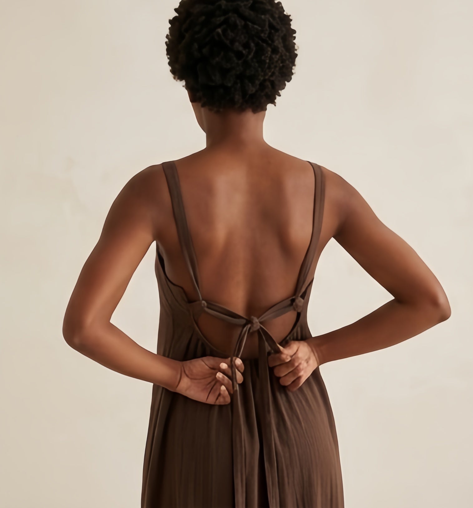 Elegant Tie-Back Cotton Linen Maxi Dress – Espresso