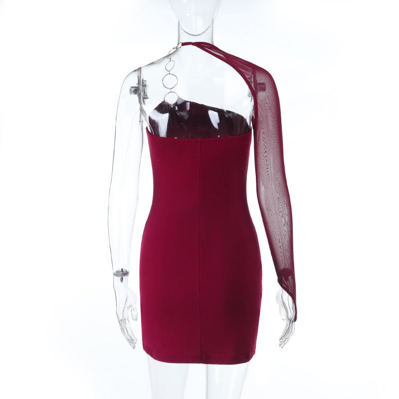 Asymmetric One-Shoulder Mesh Sleeve Mini Dress with Metal O-Ring Hardware - Wholesale & Low MOQ