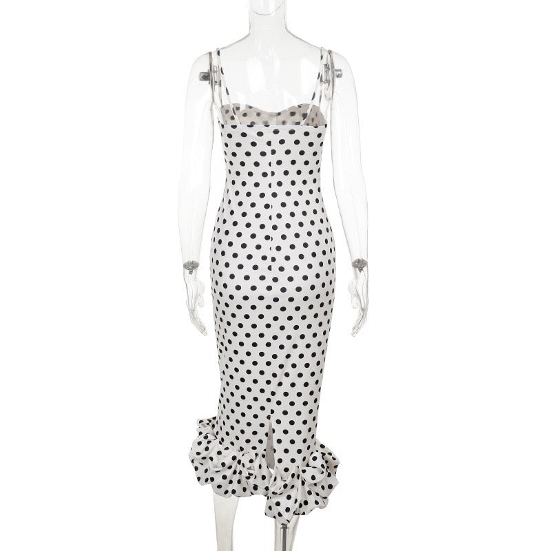 Vintage Polka Dot Sweetheart Cami Mermaid Midi Dress with Ruffle Hem - Wholesale & Low MOQ