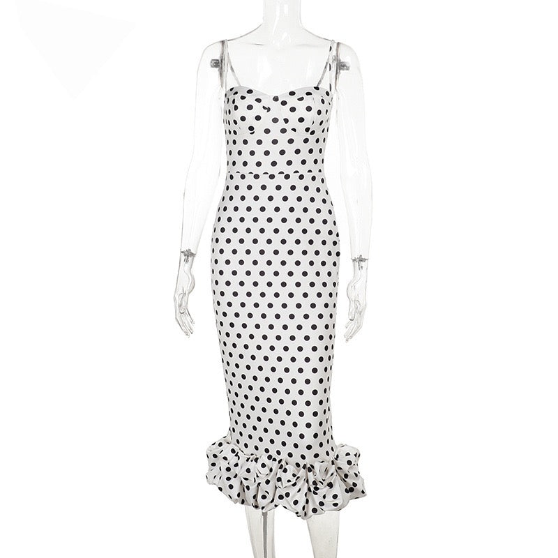 Vintage Polka Dot Sweetheart Cami Mermaid Midi Dress with Ruffle Hem - Wholesale & Low MOQ