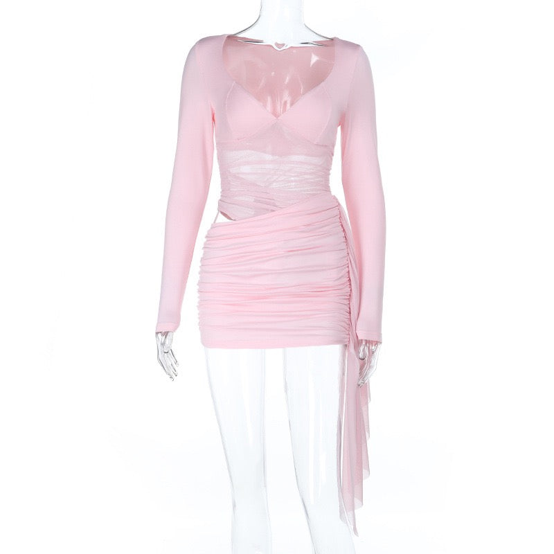 Long Sleeve V-Neck Ruched Mini Dress with Sheer Mesh Cutout & Side Drape - Wholesale / Low MOQ