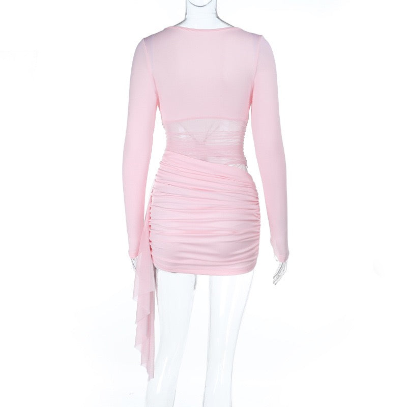 Long Sleeve V-Neck Ruched Mini Dress with Sheer Mesh Cutout & Side Drape - Wholesale / Low MOQ