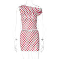 Retro Polka Dot 2-Piece Set - Asymmetric Slant Neck Crop Top & Mini Skirt (Wholesale)