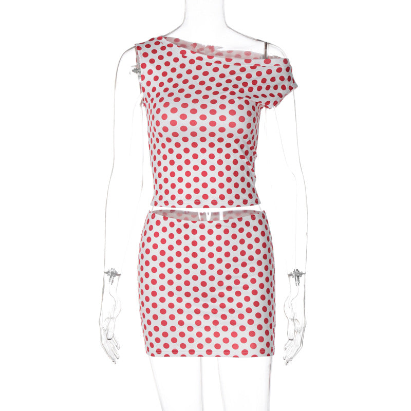 Retro Polka Dot 2-Piece Set - Asymmetric Slant Neck Crop Top & Mini Skirt (Wholesale)