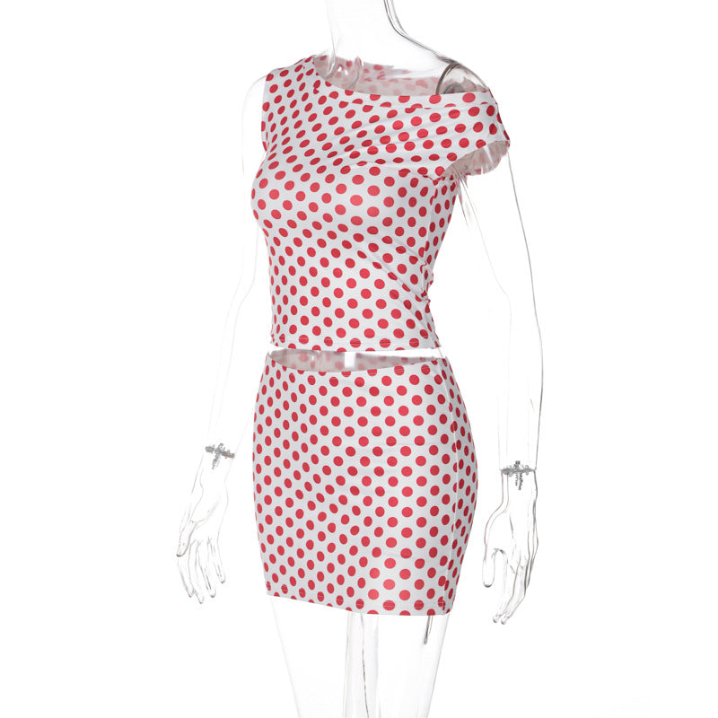 Retro Polka Dot 2-Piece Set - Asymmetric Slant Neck Crop Top & Mini Skirt (Wholesale)