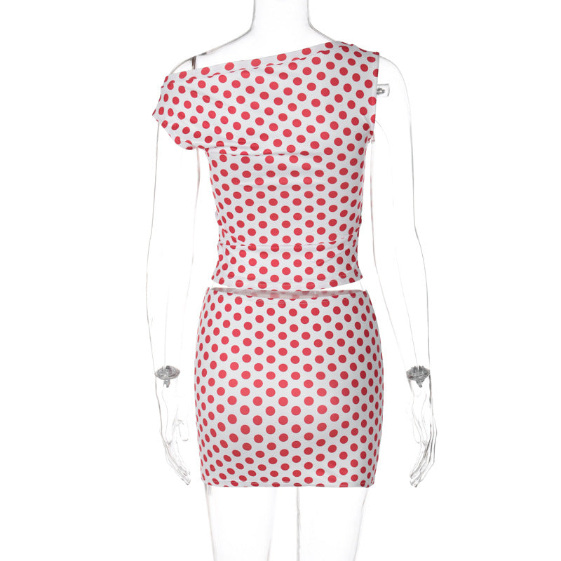 Retro Polka Dot 2-Piece Set - Asymmetric Slant Neck Crop Top & Mini Skirt (Wholesale)