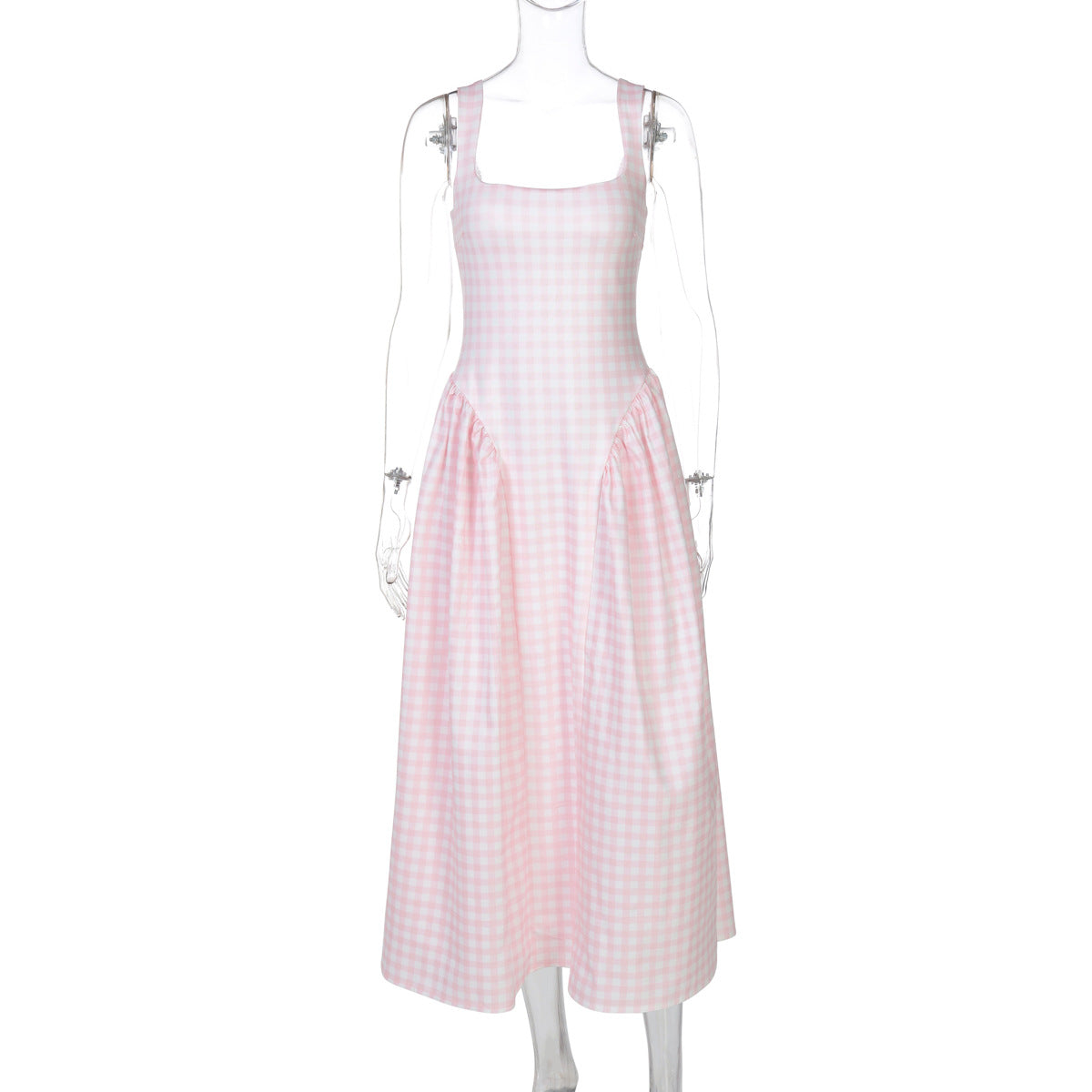 Vintage Red Gingham Midi Dress with Corset-Style Bodice and Ruched Drop Waist