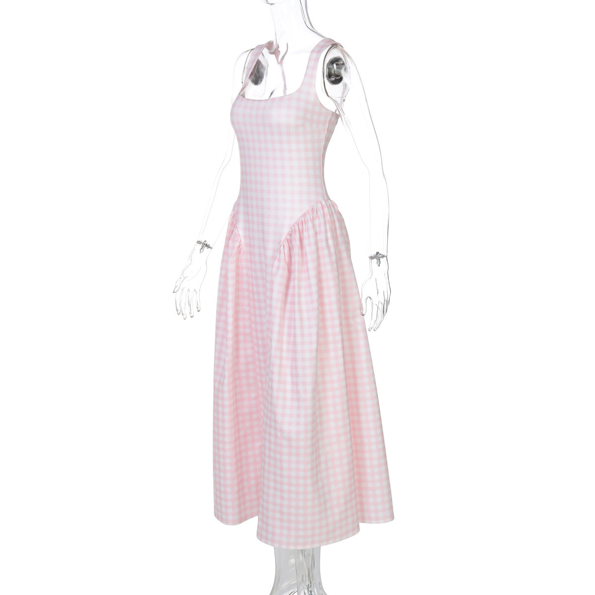 Vintage Red Gingham Midi Dress with Corset-Style Bodice and Ruched Drop Waist