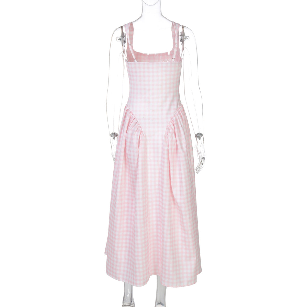 Vintage Red Gingham Midi Dress with Corset-Style Bodice and Ruched Drop Waist