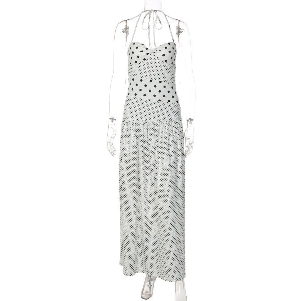 Polka Dot Patchwork Maxi Dress - Retro Halter Vacation Long Dress (Wholesale)