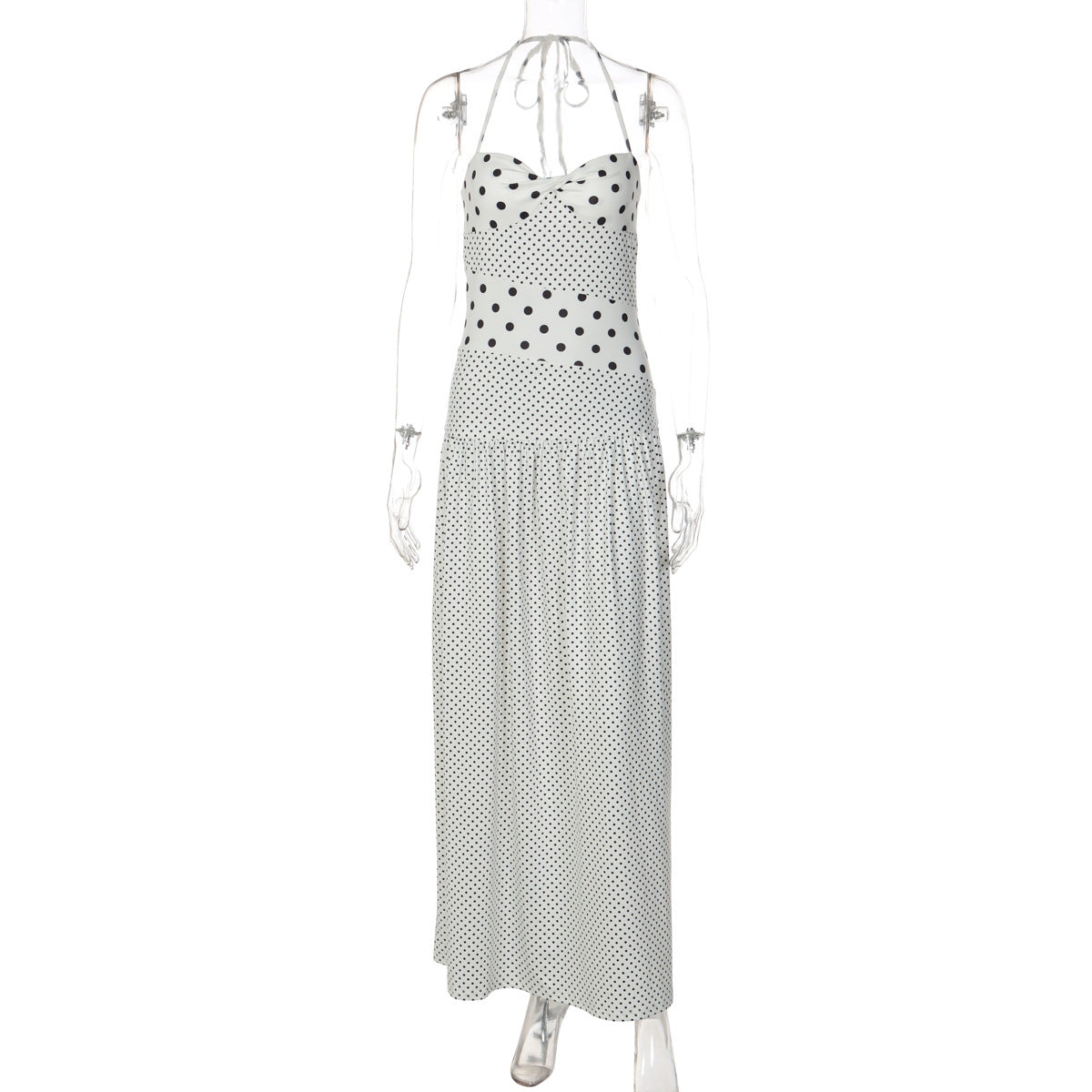 Polka Dot Patchwork Maxi Dress - Retro Halter Vacation Long Dress (Wholesale)