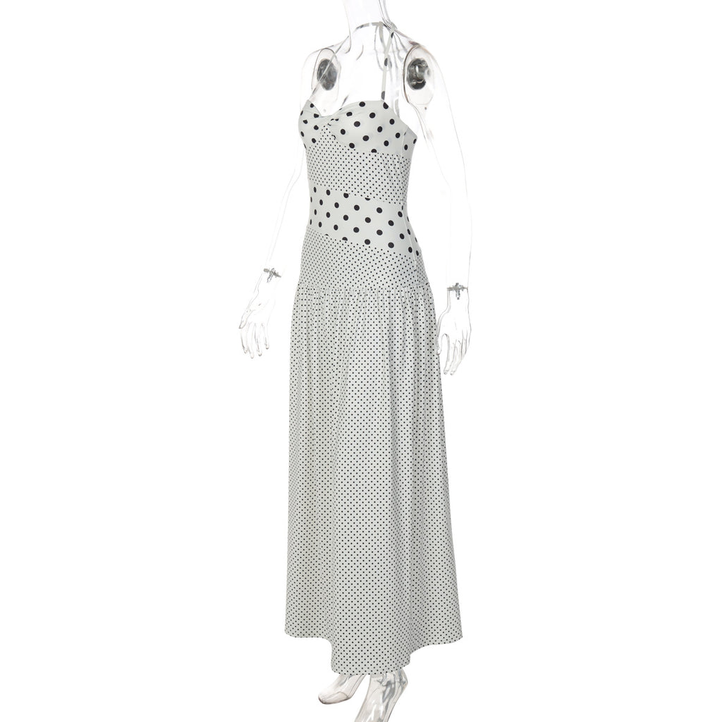 Polka Dot Patchwork Maxi Dress - Retro Halter Vacation Long Dress (Wholesale)