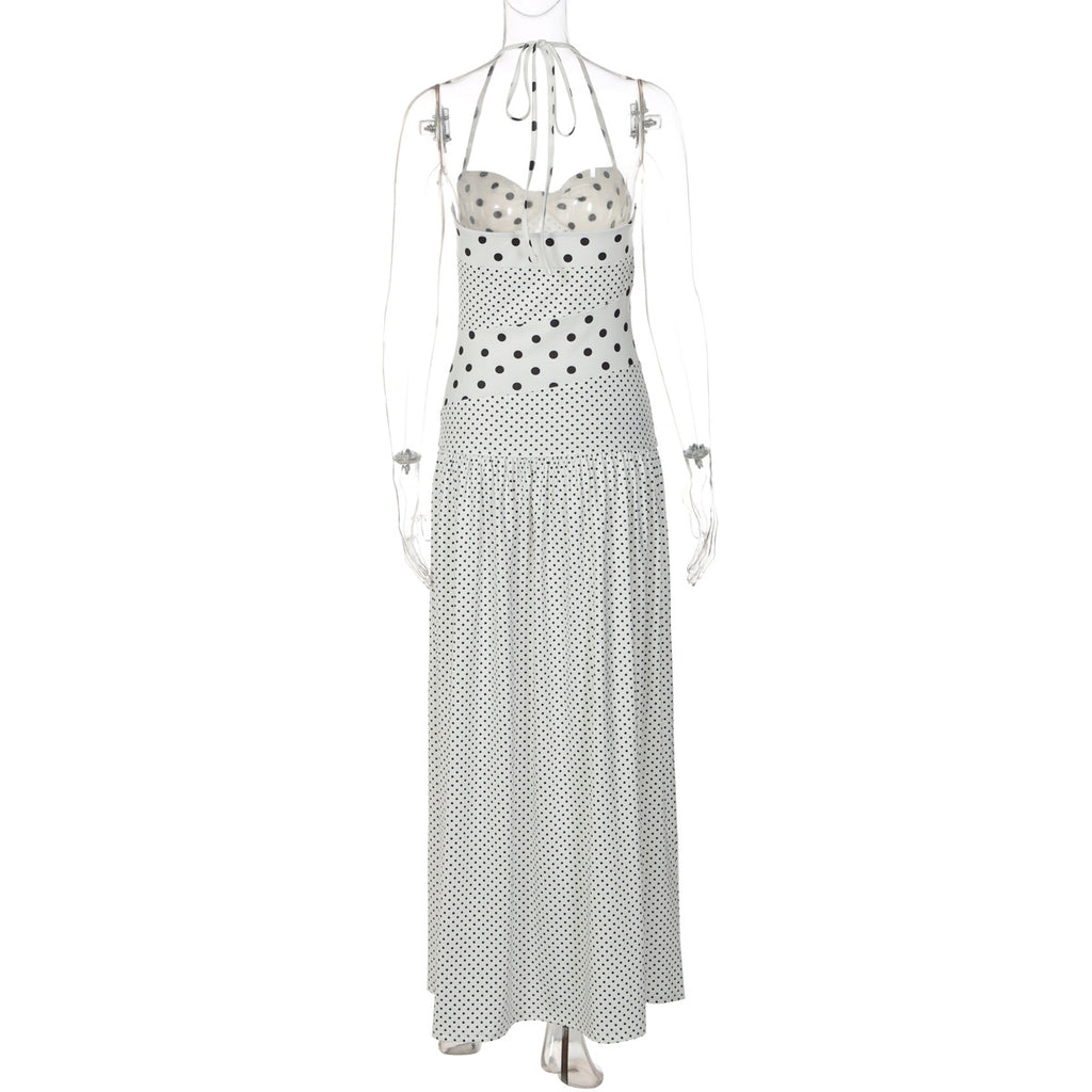 Polka Dot Patchwork Maxi Dress - Retro Halter Vacation Long Dress (Wholesale)