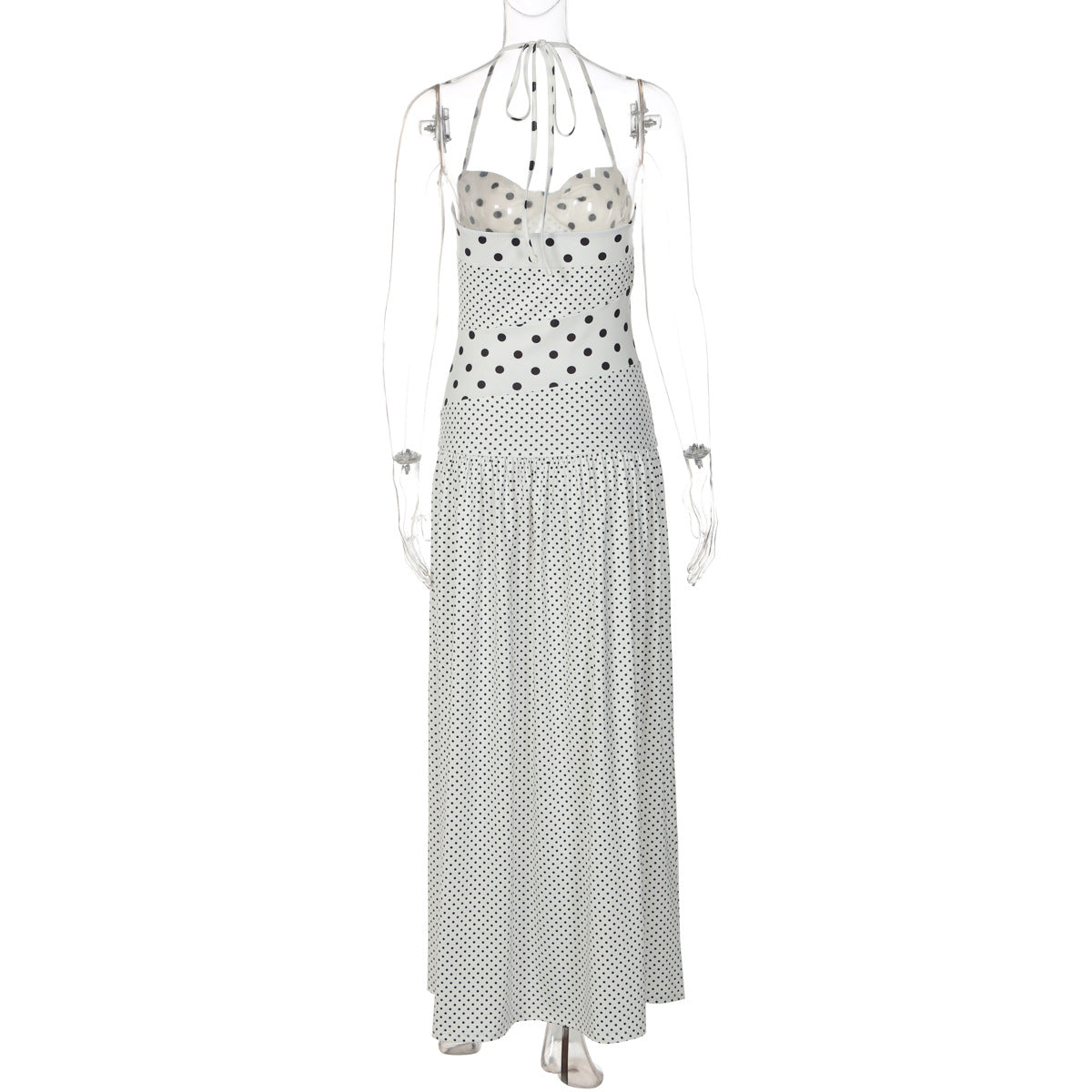 Polka Dot Patchwork Maxi Dress - Retro Halter Vacation Long Dress (Wholesale)