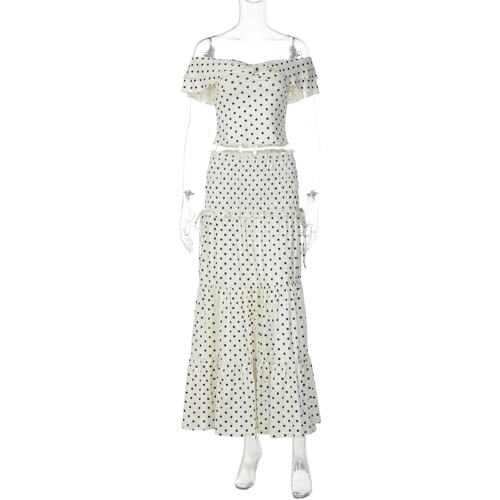 French Retro Polka Dot 2-Piece Set - Ruffle Off-Shoulder Top & Tiered Maxi Skirt (Wholesale)