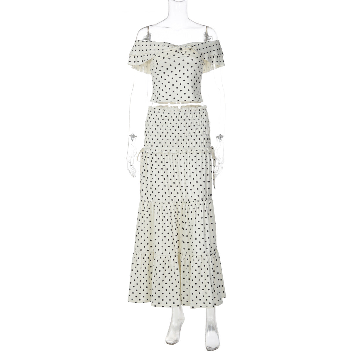 French Retro Polka Dot 2-Piece Set - Ruffle Off-Shoulder Top & Tiered Maxi Skirt (Wholesale)