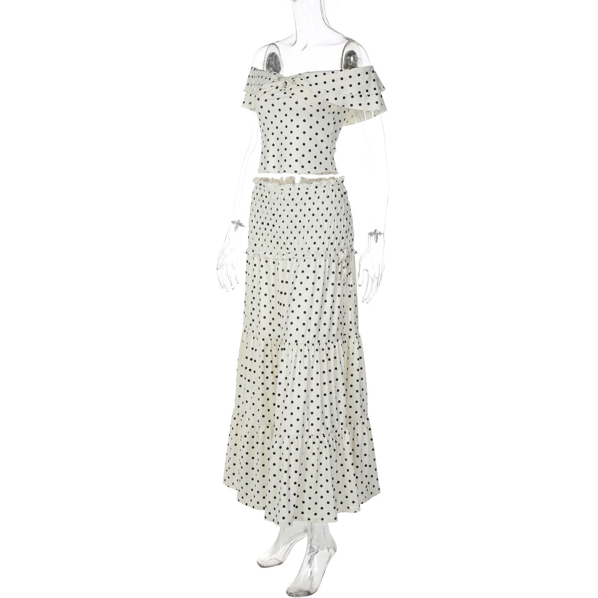 French Retro Polka Dot 2-Piece Set - Ruffle Off-Shoulder Top & Tiered Maxi Skirt (Wholesale)