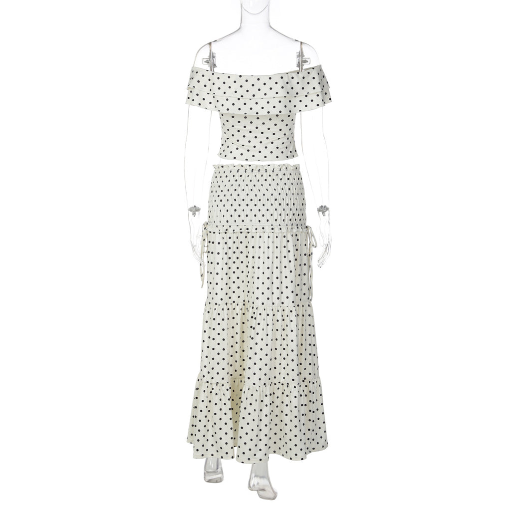 French Retro Polka Dot 2-Piece Set - Ruffle Off-Shoulder Top & Tiered Maxi Skirt (Wholesale)