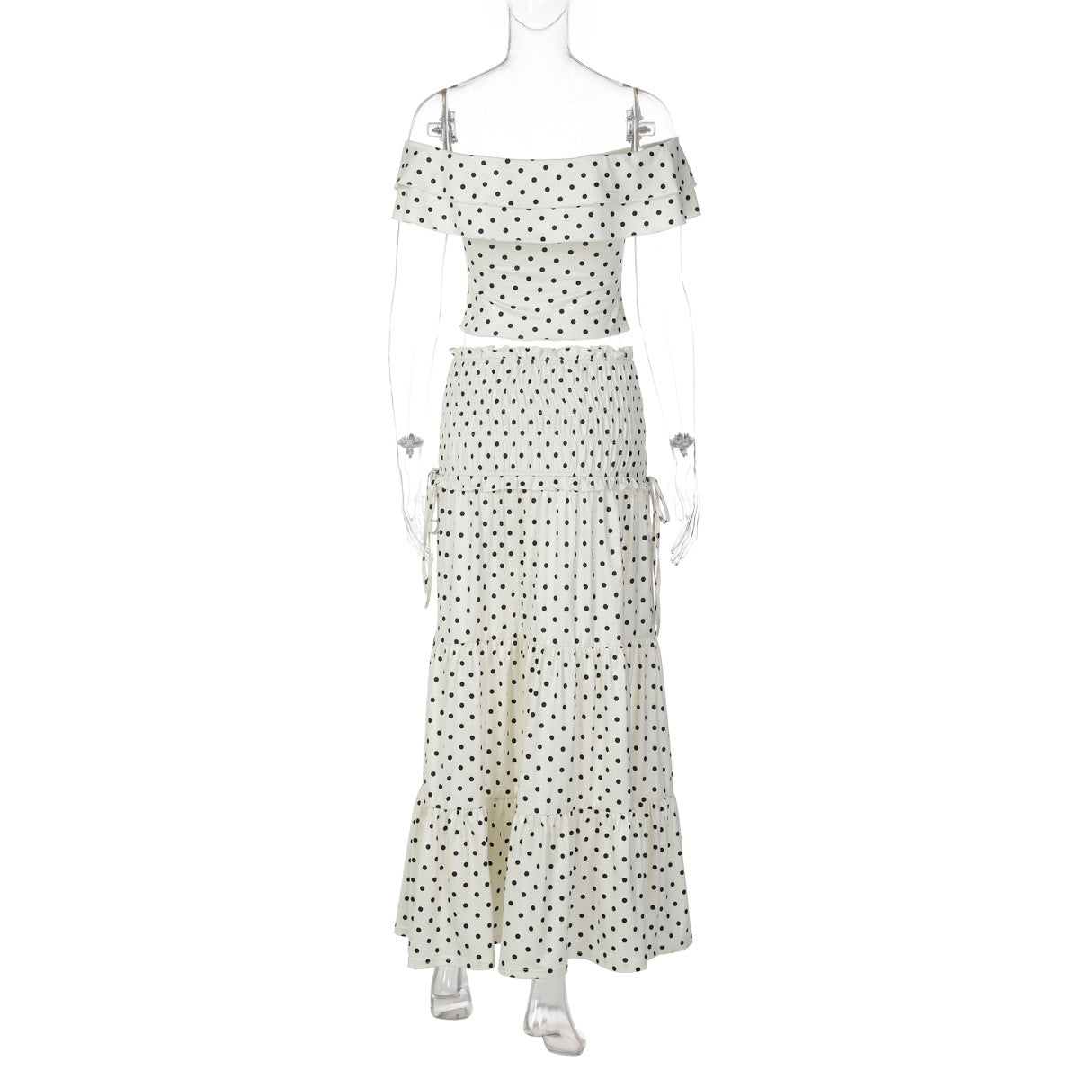 French Retro Polka Dot 2-Piece Set - Ruffle Off-Shoulder Top & Tiered Maxi Skirt (Wholesale)
