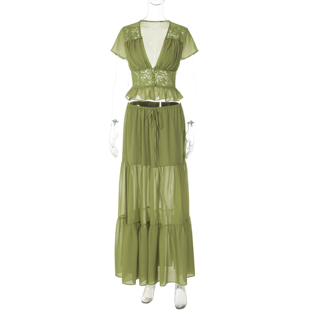 Sage Green Chiffon 2-Piece Set - Lace Patchwork Crop Top & Maxi Skirt (Wholesale)