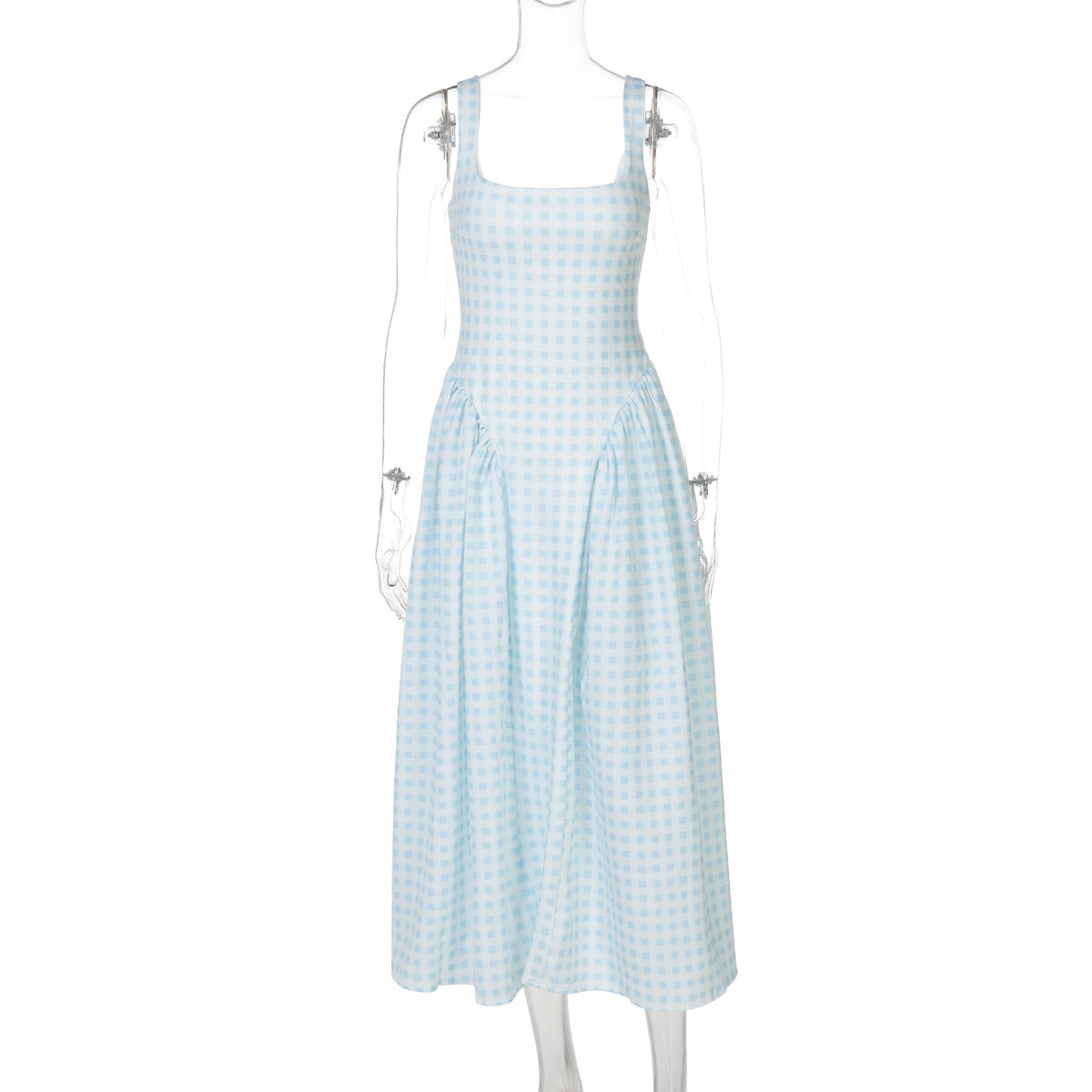 Vintage Red Gingham Midi Dress with Corset-Style Bodice and Ruched Drop Waist