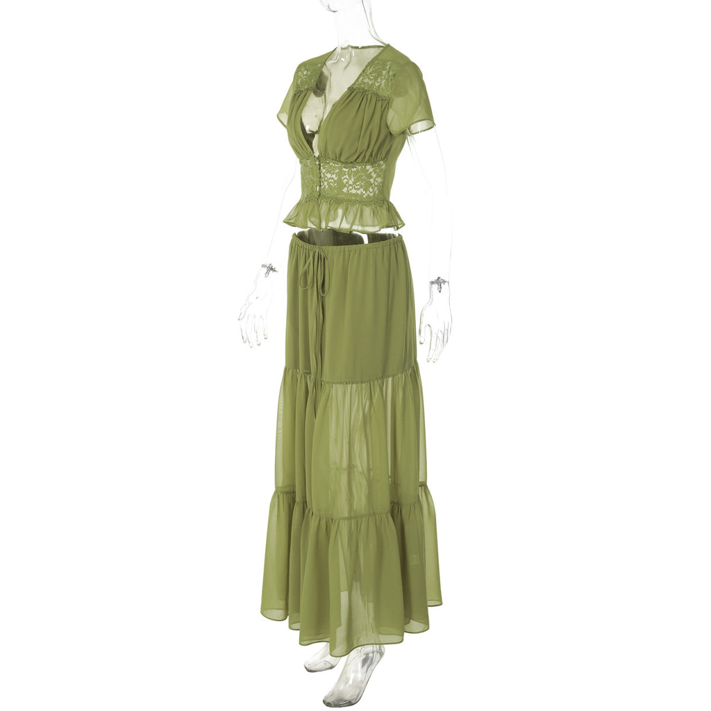 Sage Green Chiffon 2-Piece Set - Lace Patchwork Crop Top & Maxi Skirt (Wholesale)