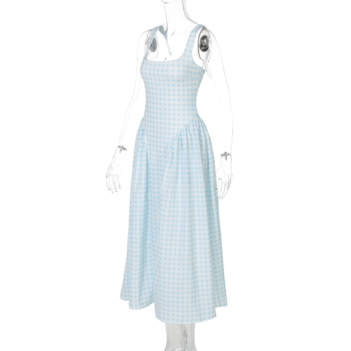 Vintage Red Gingham Midi Dress with Corset-Style Bodice and Ruched Drop Waist