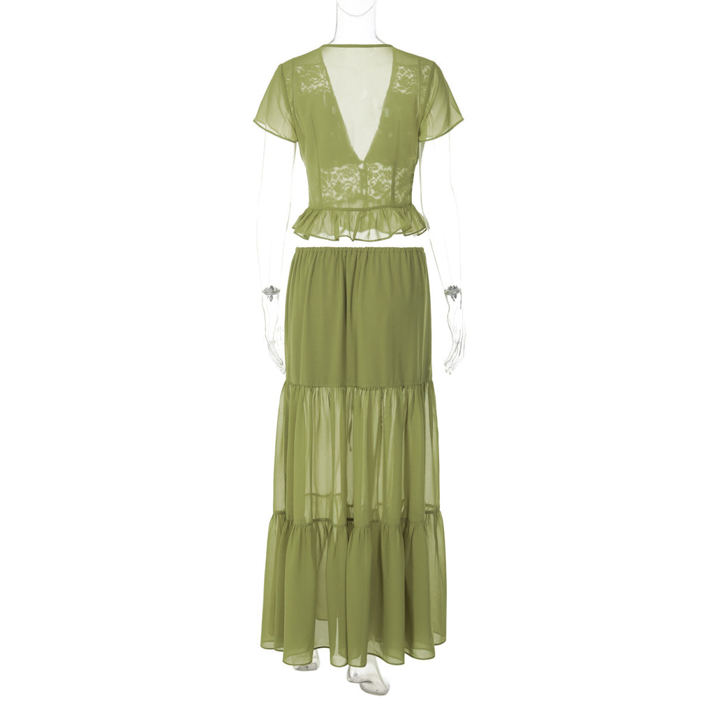 Sage Green Chiffon 2-Piece Set - Lace Patchwork Crop Top & Maxi Skirt (Wholesale)