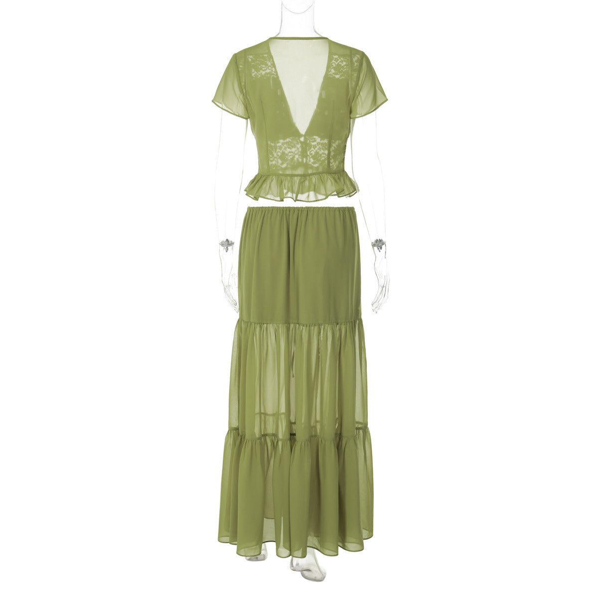 Sage Green Chiffon 2-Piece Set - Lace Patchwork Crop Top & Maxi Skirt (Wholesale)