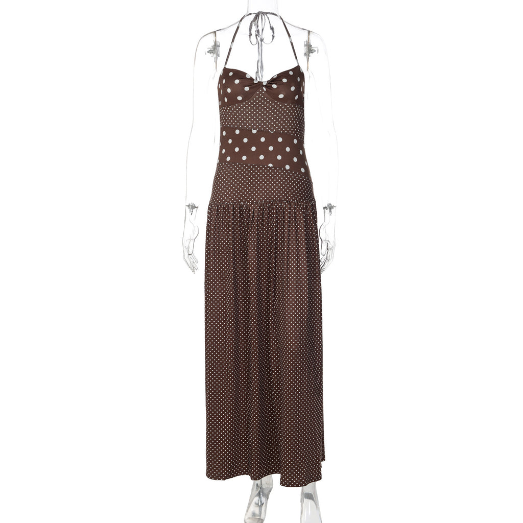 Polka Dot Patchwork Maxi Dress - Retro Halter Vacation Long Dress (Wholesale)