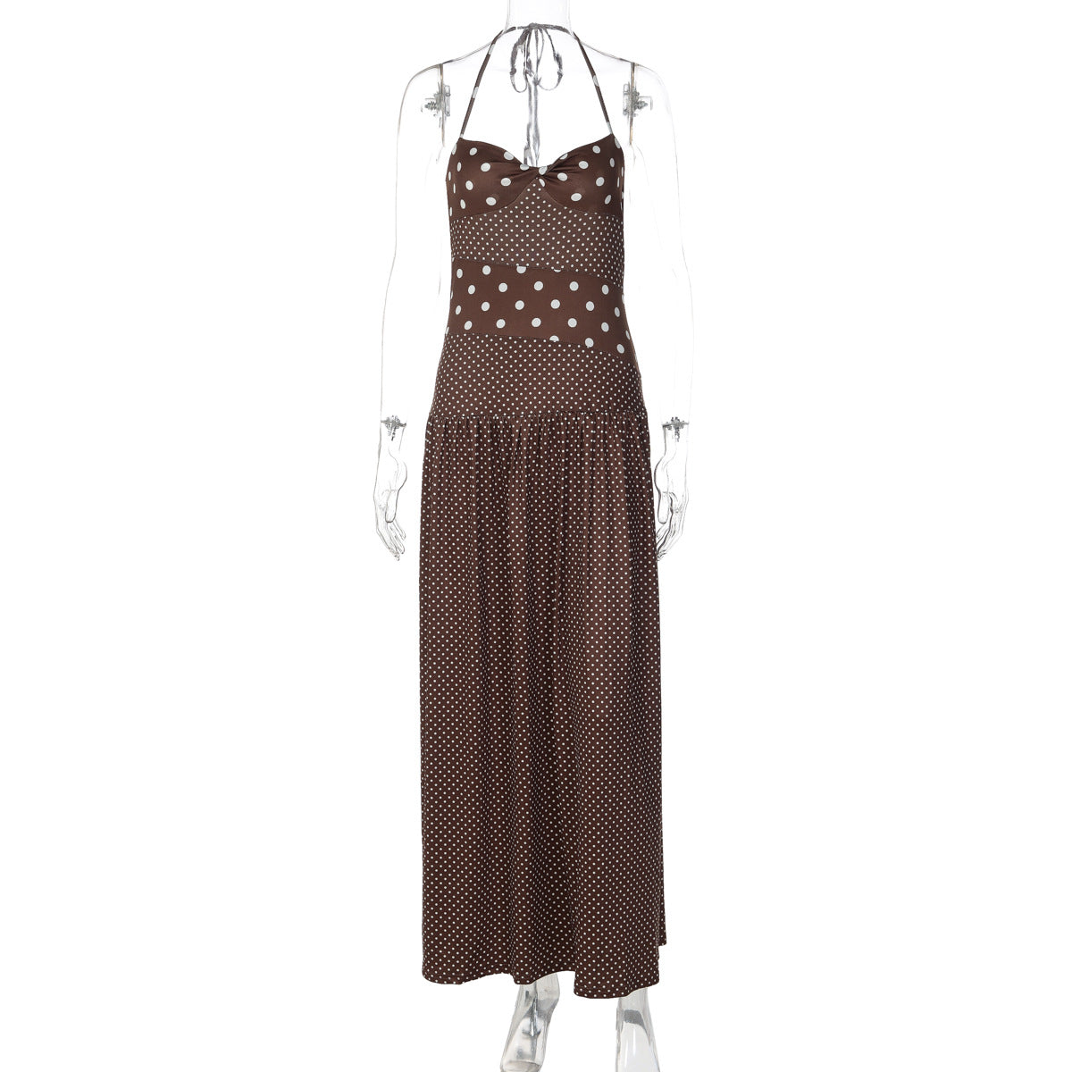 Polka Dot Patchwork Maxi Dress - Retro Halter Vacation Long Dress (Wholesale)