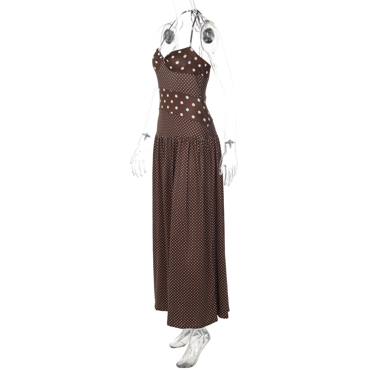 Polka Dot Patchwork Maxi Dress - Retro Halter Vacation Long Dress (Wholesale)