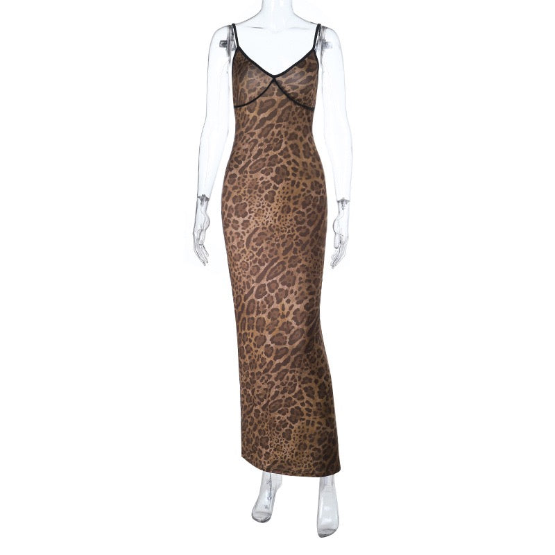 Leopard Print V-Neck Spaghetti Strap Maxi Dress with Contrast Trim - Wholesale & Low MOQ