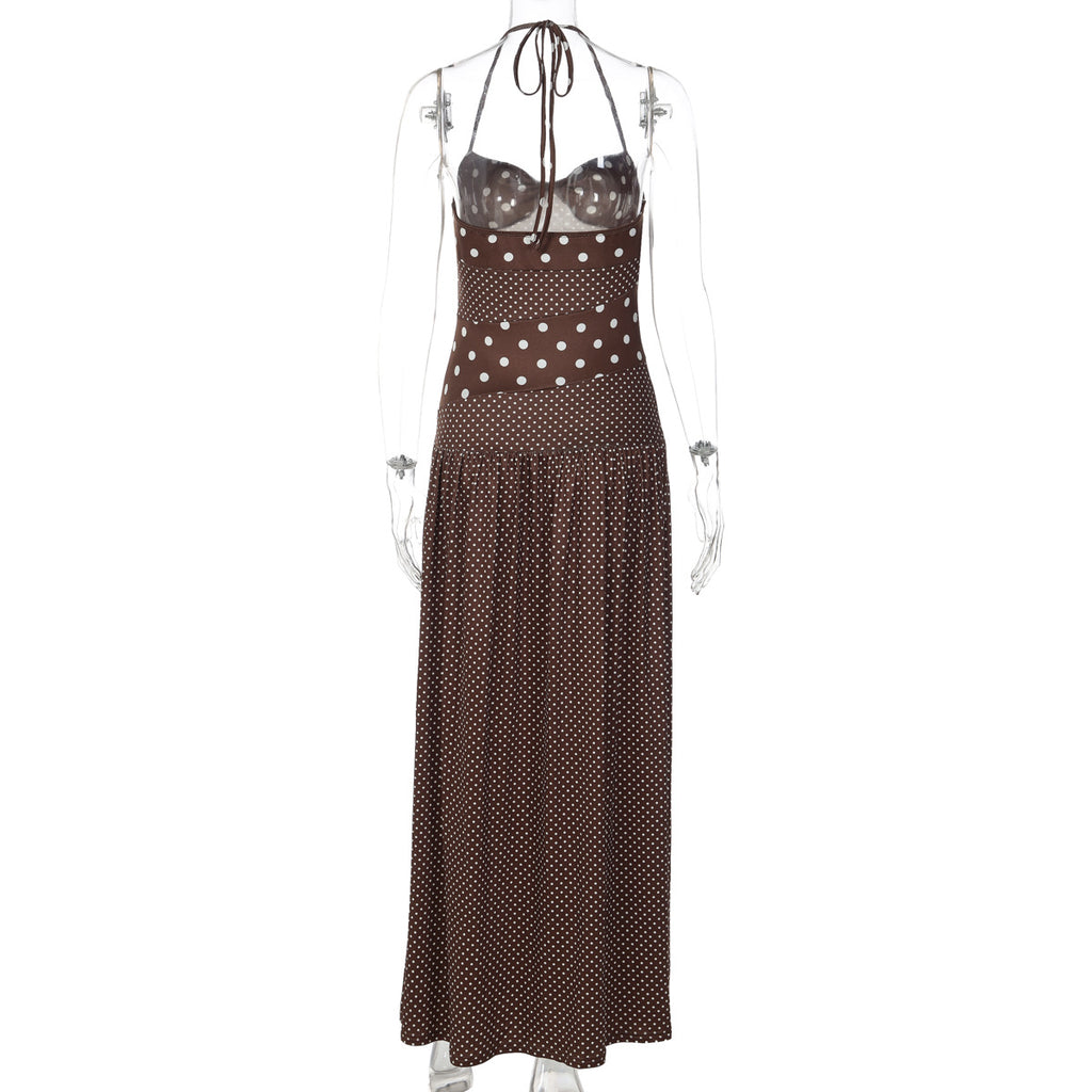 Polka Dot Patchwork Maxi Dress - Retro Halter Vacation Long Dress (Wholesale)