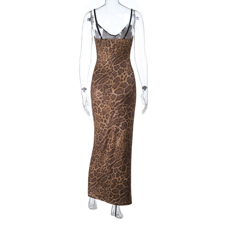 Leopard Print V-Neck Spaghetti Strap Maxi Dress with Contrast Trim - Wholesale & Low MOQ