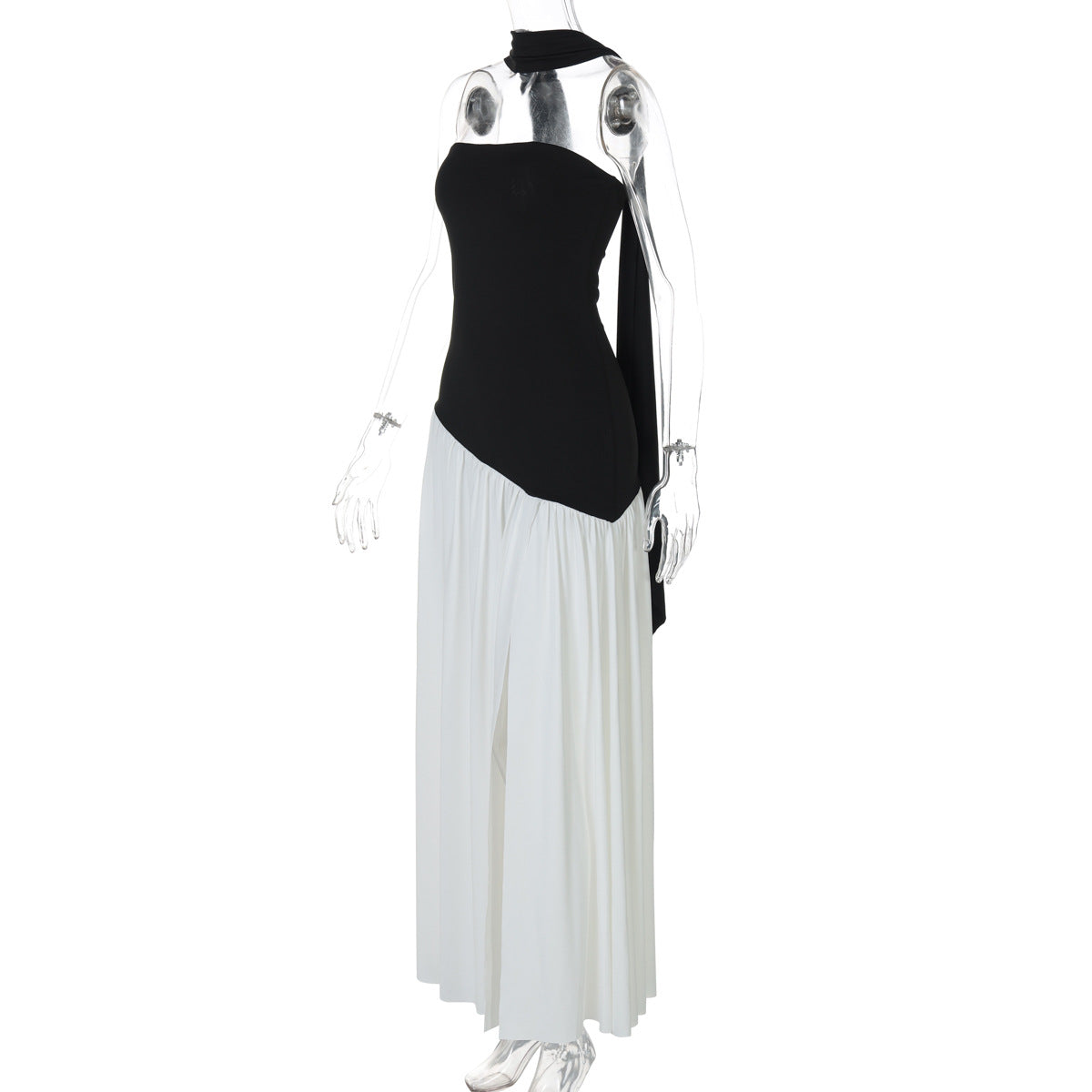 Monochrome Asymmetric Maxi Dress - Black and White High Slit Dress with Scarf (Wholesale)