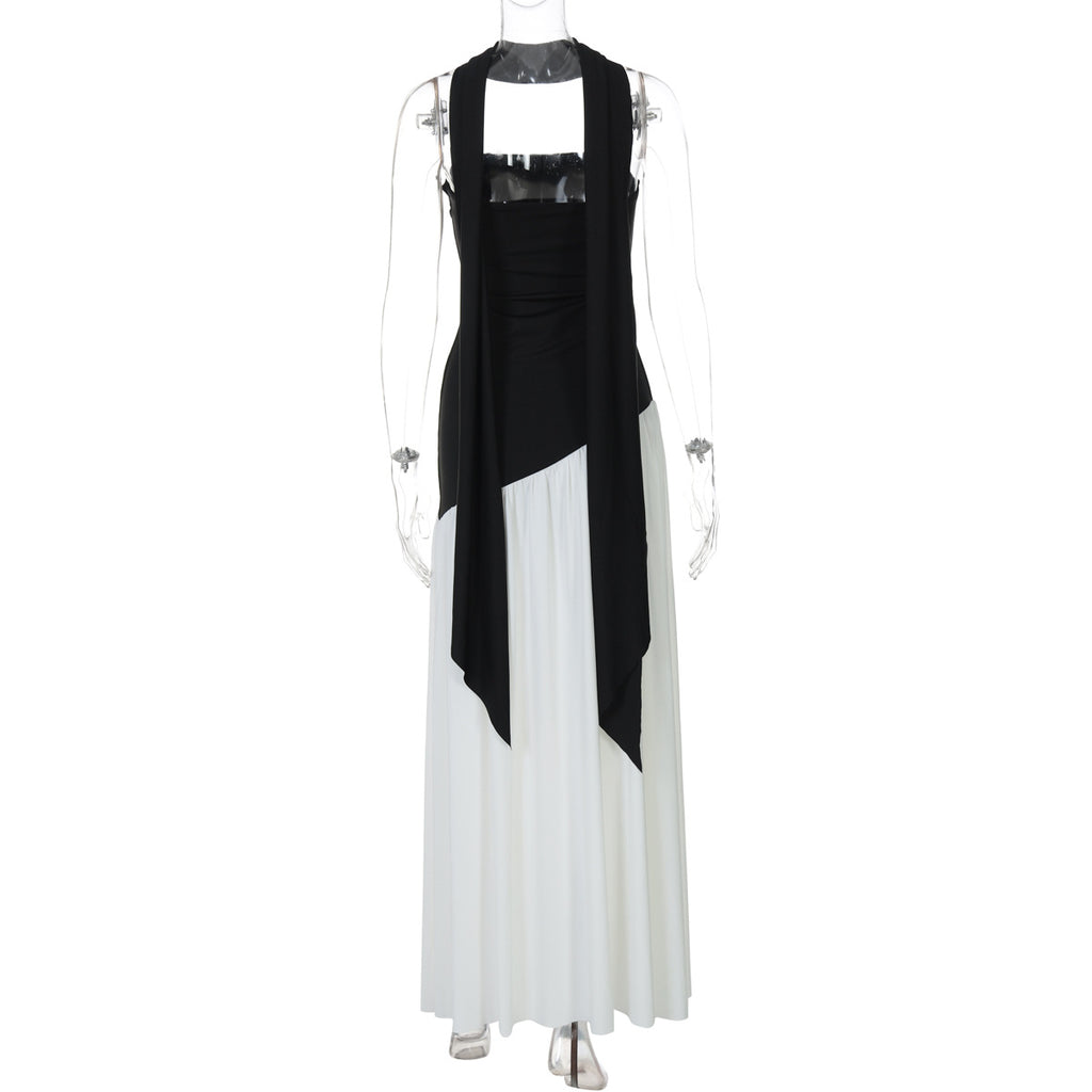 Monochrome Asymmetric Maxi Dress - Black and White High Slit Dress with Scarf (Wholesale)