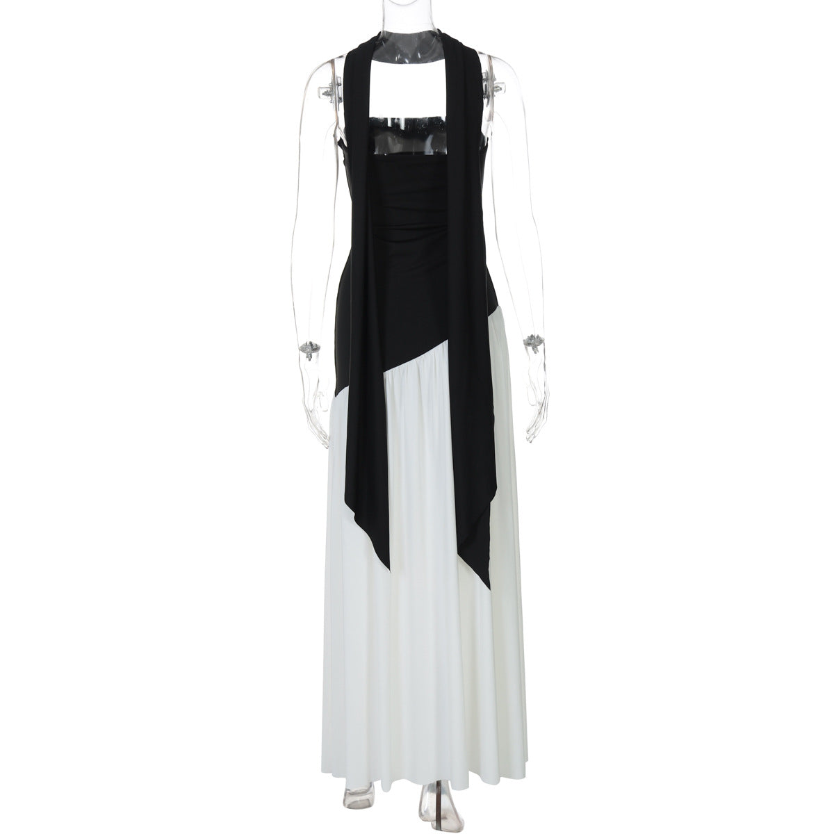 Monochrome Asymmetric Maxi Dress - Black and White High Slit Dress with Scarf (Wholesale)