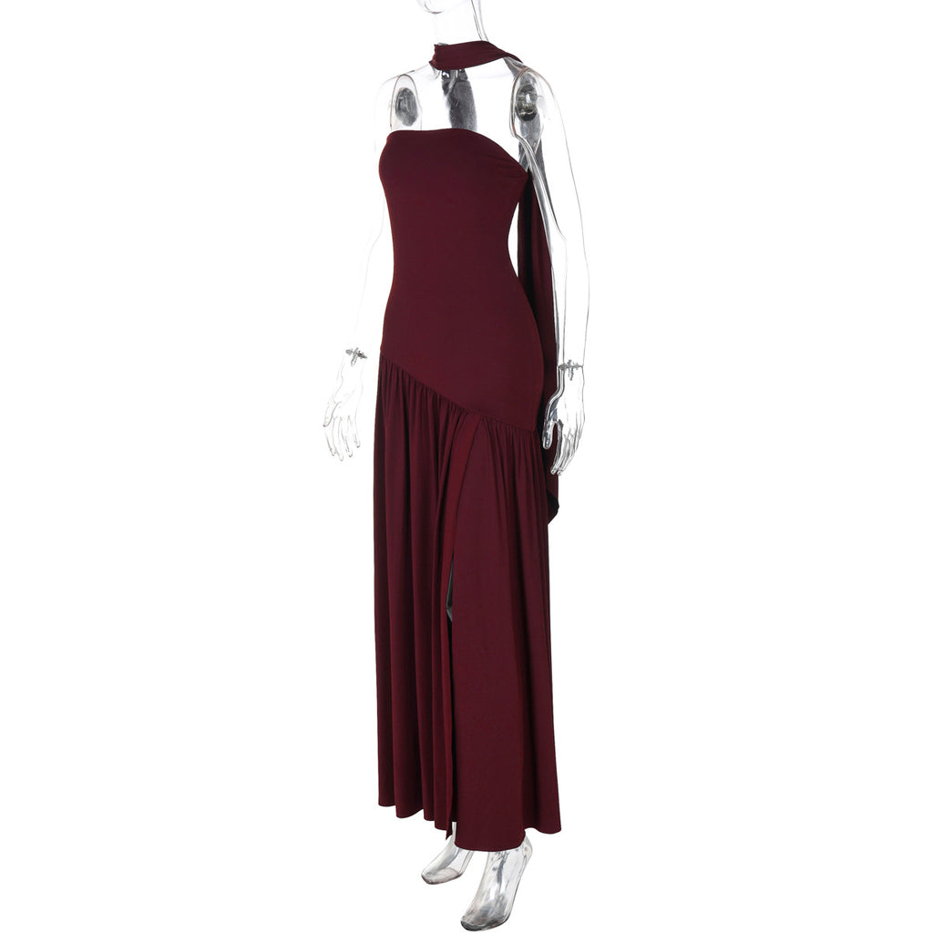 Monochrome Asymmetric Maxi Dress - Black and White High Slit Dress with Scarf (Wholesale)