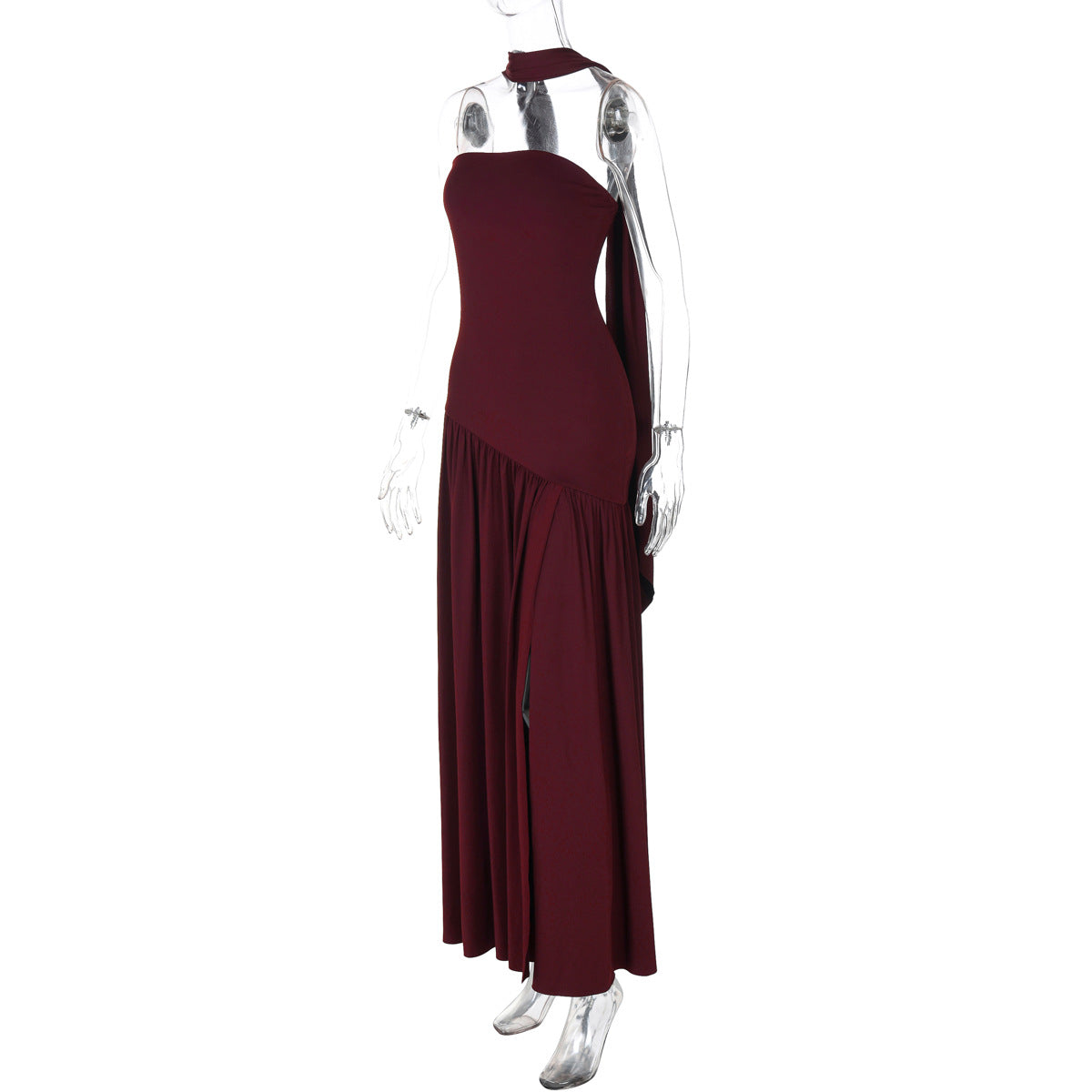 Monochrome Asymmetric Maxi Dress - Black and White High Slit Dress with Scarf (Wholesale)