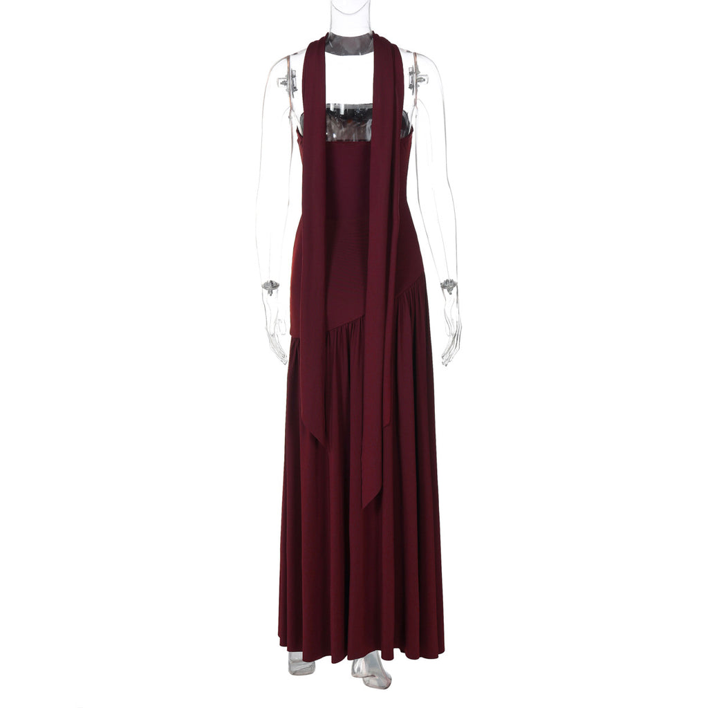 Monochrome Asymmetric Maxi Dress - Black and White High Slit Dress with Scarf (Wholesale)