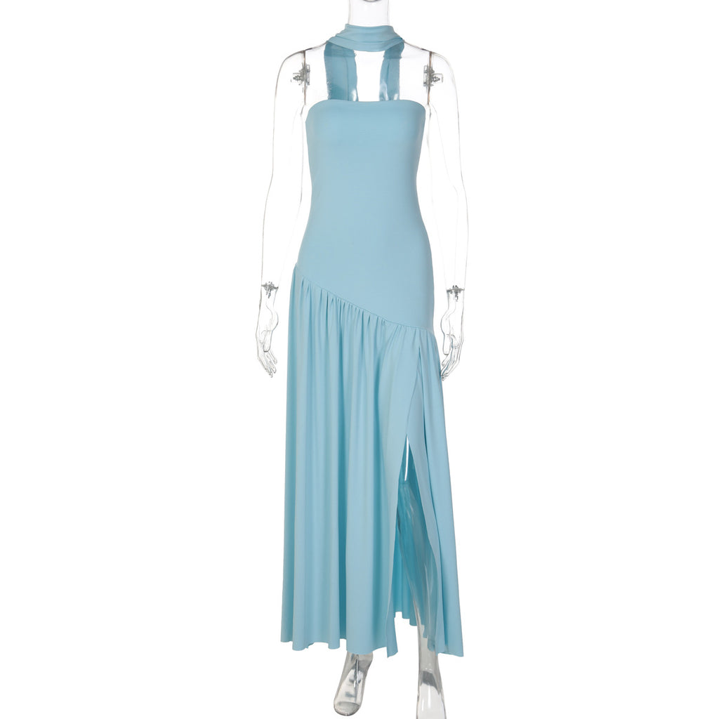 Monochrome Asymmetric Maxi Dress - Black and White High Slit Dress with Scarf (Wholesale)
