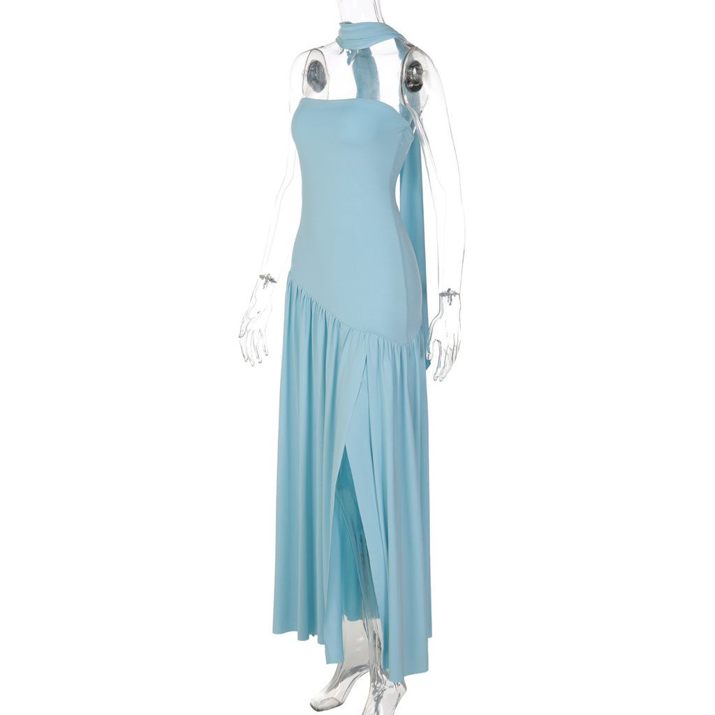 Monochrome Asymmetric Maxi Dress - Black and White High Slit Dress with Scarf (Wholesale)