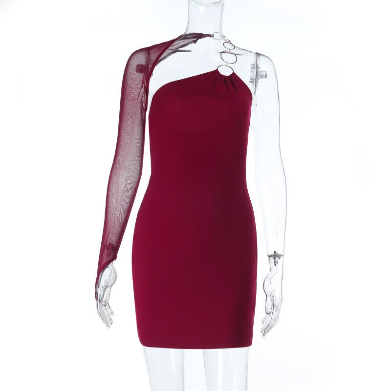 Asymmetric One-Shoulder Mesh Sleeve Mini Dress with Metal O-Ring Hardware - Wholesale & Low MOQ